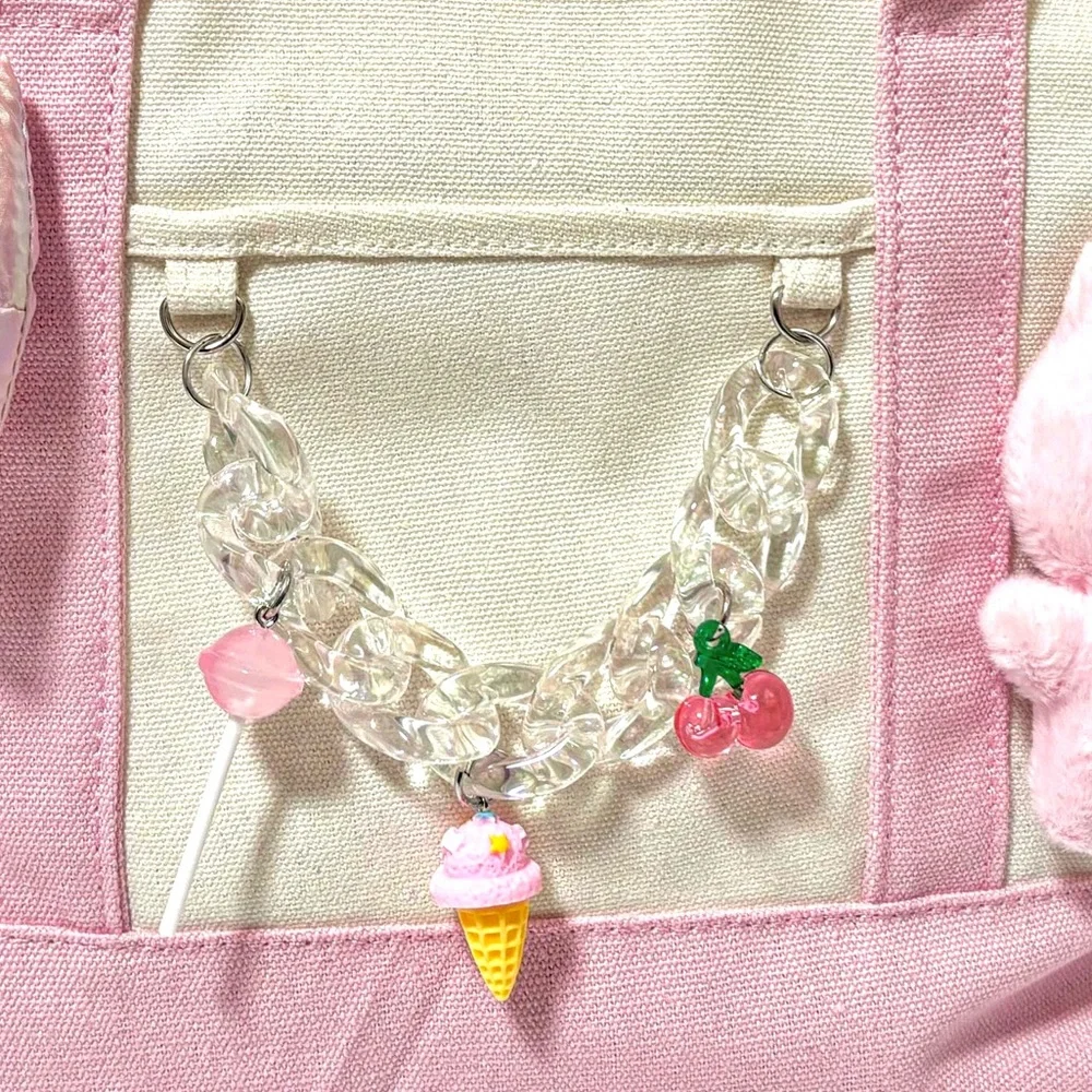 NEW - Adorable Pink & Cream Kawaii Tote Bag Removable Charms Canvas Tote Bag - Picture 4 of 6